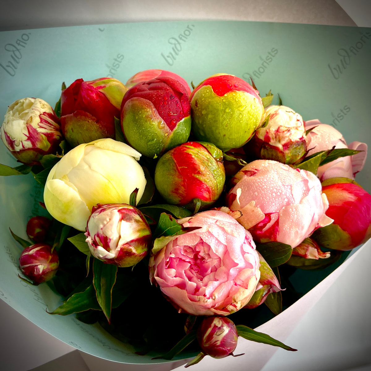 “Pink, red and cream peonies with green foliage in Bud Florists wrapping.”